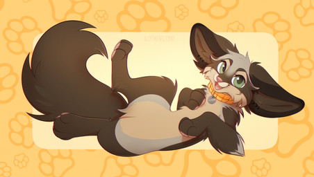 ambiguous_gender anthro big_ears black_body black_fur cheek_tuft collar ear_piercing ear_ring facial_tuft featureless_crotch front_view fur green_eyes grey_body grey_fur looking_at_viewer lying nude on_side open_mouth open_smile pattern_background pawpads piercing red_nose red_pawpads red_tongue ring_piercing simple_background smile solo tongue tuft white_body white_fur yellow_collar bloominglynx hi_res