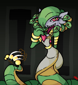 accessory ambiguous_gender apode bracelet chest_spike clothing dress green_hair green_tail hair half-closed_eyes jewelry legless narrowed_eyes neck_ring open_mouth red_eyes serpentine smile solo spikes spikes_(anatomy) split_form tail tongue tongue_out white_clothing white_dress wristband yellow_eyes fattywapp nintendo pokemon yularie_(fattywapp) draconcopode gardevoir generation_3_pokemon lamia pokemon_(species) reptile scalie snake