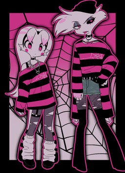 4_arms 4_legs alternate_costume alternative_fashion anthro beanie belt black_boots black_border black_clothing black_footwear boots border bottomwear bra_strap chain_necklace choker clothing collar collarbone cross cross_necklace denim denim_bottomwear denim_clothing denim_skirt duo emo female fishnet_clothing fishnet_legwear footwear hat headgear headwear heart_necklace jewelry leggings legwear long_sleeves loose_socks male miniskirt multi_arm multi_leg multi_limb multicolored_clothing multicolored_topwear necklace outline pattern_clothing pattern_topwear pink_outline shoes shorts skirt sleeves_past_wrists spiked_collar spikes standing striped_clothing striped_topwear stripes thigh_boots thigh_highs tongue tongue_out topwear torn_clothing torn_leggings torn_legwear two_tone_clothing two_tone_topwear enaic31 hazbin_hotel hellaverse angel_dust molly_(hazbin_hotel) arachnid arthropod demon humanoid spider absurd_res full-length_portrait hi_res portrait brother_(lore) brother_and_sister_(lore) sibling_(lore) sister_(lore)