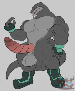 anthro balls barazoku biceps big_balls big_muscles big_pecs big_penis clothing erection fingerless_gloves footwear forked_tongue genitals glans gloves green_clothing green_footwear green_gloves green_handwear green_shoes grey_background grey_body grey_scales handwear huge_balls huge_pecs huge_penis looking_at_viewer male multicolored_body muscular muscular_anthro muscular_arms muscular_legs muscular_male open_mouth pecs penis quads red_eyes ridged_penis saggy_balls scales shoes simple_background sketchy solo standing tail tapering_tail tongue triceps two_tone_body daikuhiroshiama kuon_(daikuhiroshiama) komodo_dragon lizard monitor_lizard reptile scalie 2026 hi_res watermark