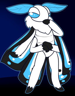 4_arms anthro black_body blue_body blue_eyes featureless_crotch fur hand_on_head hands_together male mane multi_arm multi_limb no_pupils solo standing white_body white_fur felino milzwa arthropod insect lepidopteran moth 2020 absurd_res hi_res