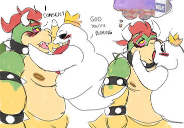 anthro belly duo french_kissing half-closed_eyes hypnosis kissing male mind_control narrowed_eyes nipples ringed_eyes slightly_chubby text tongue tongue_out apolonoise luigi's_mansion mario_bros nintendo bowser king_boo humanoid english_text hi_res
