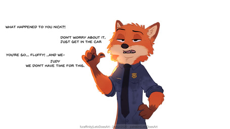 anthro cheek_tuft claws clothed clothing dialogue dipstick_ears ear_markings facial_tuft fangs fluffy fur gloves_(marking) head_tuft interrobang male markings multicolored_ears neck_tuft necktie offscreen_character orange_body orange_fur police police_badge police_uniform shirt simple_background solo teeth text topwear tuft uniform white_background letodoesart disney zootopia nick_wilde canid canine fox mammal red_fox true_fox 16:9 2020 english_text hi_res widescreen