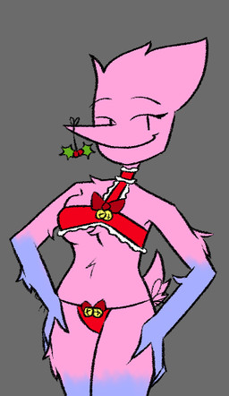 bell bikini blue_body clothed clothing female grey_background hands_on_hips holidays holly_(plant) looking_at_viewer pink_body plant simple_background skimpy smile solo standing swimwear two-piece_swimsuit rhinestonetits christmas deltarune undertale_(series) pink_addison addison_(deltarune) darkner humanoid
