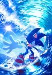 anthro blue_body blue_fur clothing cloud eulipotyphlan footwear fur gloves green_eyes grin handwear hedgehog male mammal mario_and_sonic_at_the_olympic_games outside sega shoes sky smile solo sonic_the_hedgehog sonic_the_hedgehog_(series) sun surfboard surfing uno_yuuji vehicle water watercraft