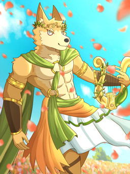 abs anthro athletic athletic_male greek_clothing male muscular muscular_male musical_instrument pecs solo dragokaizer666 canid canine canis mammal wolf 3:4 hi_res