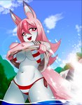 absurd_res anthro big_breasts bikini brand_new_animal breasts canid canine chacrawarrior cleavage clothed clothing clothing_lift female fox hi_res low-angle_view mammal nazuna_hiwatashi open_mouth open_smile partially_submerged shirt shirt_lift smile solo studio_trigger swimwear topwear undressing