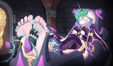 5_fingers 5_toes anthro anthrofied barefoot bdsm biped blush bodily_fluids body_blush bodysuit bondage bound breasts chair claws clothing cuff_(restraint) digit_ring dungeon fantasy feet female fingers foot_blush foot_fetish foot_focus fully_bound furniture horn humanoid_feet humanoid_hands jewelry latex latex_bodysuit latex_clothing latex_skinsuit laugh legs_up limb_slot lock lying on_back plantigrade prison_uniform prisoner purple_eyes restrained restraints ring shackles sitting skinsuit soles solo stocks submissive submissive_female sweat tally_marks tears text tickle_fetish tickle_torture tickling tight_clothing toe_restraints toes unusual_tally_marks western_tally_marks wings wings_tied caroo friendship_is_magic hasbro my_little_pony mythology princess_celestia_(mlp) equid equine mammal mythological_creature mythological_equine winged_unicorn 2018 english_text hi_res