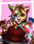 anthro blue_eyes blue_hair cake candy chocolate chocolate_cake dessert dur eyebrows eyelashes eyes_closed female fingers food group hair holding_food holding_object holding_plate looking_at_viewer open_mouth plate pupils simple_background text trio white_sclera white_text umikit despicable_me illumination_entertainment domestic_cat felid feline felis mammal minion_(despicable_me) 2016 english_text hi_res painting_(artwork)