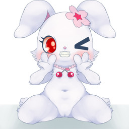 accessory anthro bent_legs blush double_v_sign female fingers flower flower_accessory flower_hair_accessory fur genitals gesture hair_accessory hand_gesture jewelry loli navel necklace nude one_eye_closed plant red_eyes simple_background sitting smile solo spread_legs spreading v_sign vulva wariza white_body white_fur wink young young_anthro bunnag jewelpet sanrio sega sega_fave ruby_(jewelpet) hare japanese_hare lagomorph leporid mammal 1:1 2019 digital_media_(artwork) hi_res shaded
