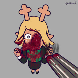 adolescent anthro antlers black_bottomwear black_clothing black_skirt blonde_hair blood blood_on_clothing blood_on_face blood_on_hand blood_on_object blood_on_weapon blood_splatter bodily_fluids bottomwear checkered checkered_clothing checkered_topwear clothed clothing death double_barrel_shotgun fatal_wound female female_anthro female_death first_person_view freckled_face freckles fully_clothed gore gun gun_smoke gunpoint hair hooves horn killing monotone_background offscreen_character pattern_clothing pattern_topwear ranged_weapon severe_wound shotgun simple_background skirt smoke standing topwear unguligrade violence weapon wounded young young_anthro columbinya deltarune undertale_(series) noelle_holiday deer mammal new_world_deer reindeer 2026 digital_media_(artwork) english_description hi_res signature