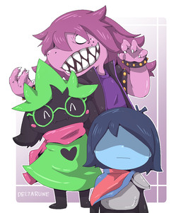 ambiguous_gender anthro armor black_body black_fur blue_body blue_hair blue_skin blush bracelet breastplate claws clothed clothing eyes_closed eyewear fangs female freckles fur glasses green_clothing green_robe group hair hat headgear headwear jacket jewelry looking_at_viewer male no_pupils pink_blush purple_body purple_hair purple_scales robe scales scarf shadowed_eyes simple_background smile spiked_bracelet spikes teeth text topwear trio young young_anthro young_human young_male doneru deltarune undertale_(series) kris_dreemurr ralsei susie_(deltarune) bovid caprine darkner goat human mammal reptile scalie english_text