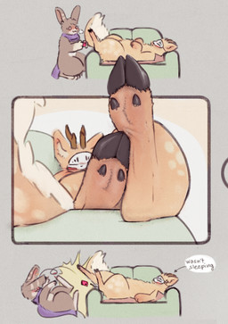 anthro blush cloven_hooves dewclaw dewclaw_hooves digitigrade duo feet foot_focus furniture hoof_fetish hoof_focus hooves kick lying male sneaking sofa taking_picture text unguligrade miii_cho fabulous_beasts sibuxiang_the_deer_(fabulous_beasts) tuye_(fabulous_beasts) comic english_text hi_res