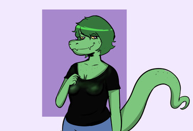 anthro big_breasts black_clothing black_shirt black_topwear blue_bottomwear blue_clothing blue_pants bottomwear breasts clothing female fingers freckled_chest freckled_face freckled_tail freckles front_view geometric_background grey_eyes half-closed_eyes humanoid_hands long_tail looking_aside narrowed_eyes non-mammal_breasts pants seductive shirt simple_background smile smirk solo standing tail topwear yellow_sclera sketchyghost cavemanon_studios i_wani_hug_that_gator olivia_halford baryonyx dinosaur prehistoric_species reptile saurischian scalie spinosaurid theropod absurd_res colored half-length_portrait hi_res portrait