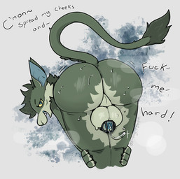 anthro backsack balls blue_eyes bodily_fluids butt chastity_cage chastity_cage_only chastity_device chastity_device_only claws dialogue dripping fur genital_fluids genitals green_body green_fur looking_at_viewer male male_wearing_chastity nude open_mouth perineum precum precum_drip presenting presenting_hindquarters raised_tail rear_view requesting sex_request solo sweat sweaty_butt tail tail_tuft talking_to_viewer text tuft wearing_chastity_cage wearing_chastity_device fraughtfaun merca_(mercial) vernid absurd_res english_text hi_res