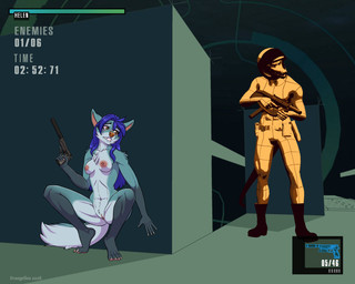 4_toes 5_fingers anthro armor blue_hair breasts butt crouching duo feet female fingers fur gameplay_mechanics genitals grey_body grey_fur gui gun hair handgun health_bar hiding hindpaw humanoid_hands male multicolored_body multicolored_fur nipples nude nude_anthro nude_female paws pistol ranged_weapon text timer toes two_tone_body two_tone_fur virtual_reality vulva waiting weapon white_body white_fur evangellos helen_(evangellos) canid canine canis lizard mammal reptile scalie wolf english_text hi_res