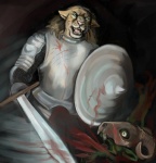 angry anthro armor blood bodily_fluids bone duo fight holding_melee_weapon holding_object holding_sword holding_weapon knight male melee_weapon shield skull sword warrior weapon saeto15 microsoft the_elder_scrolls felid khajiit mammal