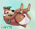 anthro barefoot bedroom_eyes big_butt black_nose briefs bulge butt clothing collar feet glistening glistening_butt green_text hat headgear headwear holding_both_legs holding_legs_up legs_up looking_at_viewer male narrowed_eyes necktie pantsless_anthro pantsless_male pose seductive simple_background slightly_chubby solo tail text tighty_whities tongue tongue_out underwear white_briefs white_clothing white_underwear liori redo_(artist) hanna-barbera yogi_bear yogi_bear_(character) bear brown_bear mammal ursine 2019 dated