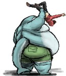 angry anthro back_rolls belly belly_overhang big_belly blue_body blue_eyes bottomwear clothing duo fat_rolls holding_person hoodie lifting_another looking_away male moobs obese obese_anthro obese_male overweight overweight_anthro overweight_male pants rear_view shorts simple_background tail topwear comerboy75 niall_ocinneide_(comerboy75) cetacean human mammal marine whale 2023 hi_res