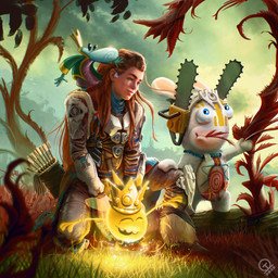 3_fingers 4_fingers ambiguous_gender anthro armor arrow_(weapon) beady_eyes bent_legs big_nose blue_body blue_eyes blue_scarf blue_skin bodypaint bottomwear carrying_another chainsaw closed_smile clothed clothed_female clothed_human clothing cloud cloudy_sky coat crown face_paint featureless_legs female female_human fern fingers floating_crown flying forest forest_background fully_clothed fully_clothed_female fully_clothed_human fur glowing glowing_body grass green_clothing green_coat green_topwear grey_bottomwear grey_clothing grey_pants grey_shirt grey_topwear group hair hand_on_head happy headgear jewelry king knee_guards kneeling larger_anthro larger_female larger_human legless light lips logo long_ears long_hair male male_humanoid mouth_closed nature nature_background necklace noseless on_shoulder open_clothing open_coat open_topwear orange_hair outside pants plant power_tool purple_clothing purple_robe quiver_(object) ranged_weapon robe royalty scarf shirt size_difference sky smaller_ambiguous smaller_anthro smaller_humanoid smaller_male smile sparkles standing standing_on_another standing_on_shoulder tan_inner_ear tan_lips teeth toilet_seat tools topwear translucent translucent_wings tree weapon white_armor white_body white_fur wings year yellow_body yellow_skin cedric_humeau horizon_(series) raving_rabbids rayman_(series) sony_corporation sony_interactive_entertainment ubisoft aloy grand_minimus human humanoid lagomorph lum_(rayman) mammal rabbid teensie 1:1 2022 absurd_res artist_logo colored crossover dated digital_media_(artwork) digital_painting_(artwork) french_description hi_res lighting official_art painting_(artwork) shaded