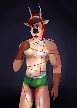 anthro antlers barazoku beard circumcised circumcision_scar clothing facial_hair genital_scar genitals hat headgear headwear holyday horn lights male nipples pecs penis penis_poking_out scar shirtless shirtless_male solo underwear conditional_dnp gearfox98 hector_(gearfox98) deer mammal absurd_res digital_media_(artwork) hi_res
