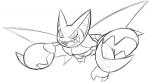 >:d ambiguous_gender fangs flying looking_at_viewer open_mouth open_smile simple_background smile solo teeth white_background zaikudo nintendo pokemon generation_4_pokemon gliscor pokemon_(species) black_and_white monochrome sketch