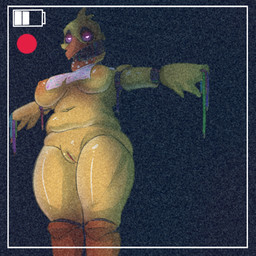 anthro areola beak belly bib big_breasts biped breasts camera_view clothed clothed_anthro clothed_female clothing female female_anthro genitals glistening glistening_body glistening_genitalia glistening_vulva half-closed_eyes legs_together looking_at_viewer low-angle_view machine mostly_nude mostly_nude_anthro mostly_nude_female narrowed_eyes navel nipples non-mammal_breasts non-mammal_navel non-mammal_nipples non-mammal_vulva open_beak open_mouth orange_areola orange_beak orange_nipples overweight overweight_anthro overweight_female purple_sclera recording scuted_legs scutes solo teeth thick_thighs toothed_beak vulva white_eyes wire yellow_body alexdehell five_nights_at_freddy's five_nights_at_freddy's_2 scottgames withered_chica_(fnaf) animatronic avian bird chicken galliform phasianid robot 1:1 2025 absurd_res digital_media_(artwork) hi_res