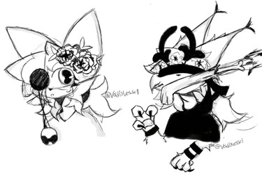 accessory ambiguous_gender anthro antlers big_eyes clothing duo eyeless female flower flower_in_hair hair hair_accessory hair_tail horn long_ears male paws plant shirt topwear voidlyvessel pixile_studios super_animal_royale coffepancacke_(voidlyvessel) emma_(voidlyvessel) deer mammal sketch