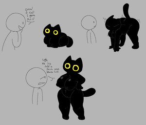 all_fours ambiguous_gender anthro big_breasts big_butt black_body black_eyes black_fur breasts butt dialogue duo female front_view fur genitals grey_background mouthless nipples noseless simple_background stretching text thick_thighs vulva wide_hips yellow_sclera snazzle_snapp domestic_cat felid feline felis mammal english_text
