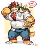 belt blush body_hair bottomwear chest_hair claws clothing eyewear facial_hair glasses goatee hair horn male pants red_hair shell shirt solo spiked_shell spikes spikes_(anatomy) text topwear graysheartart mario_bros nintendo bowser koopa scalie absurd_res english_text hi_res