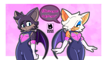 anthro armwear back_wings blue_eyes blue_eyeshadow bulge clothing crossgender dialogue duo elbow_gloves eyeshadow femboy ftm_crossgender gloves handwear latex latex_clothing makeup male membrane_(anatomy) membranous_wings multicolored_body one_eye_obstructed simple_background speech_bubble two_tone_body wings skwid sega sonic_the_hedgehog_(series) fan_character rogue_the_bat_(nikkikaji) rouge_the_bat bat mammal 16:9 2025 hi_res watermark widescreen