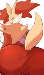 anthro back_boob big_breasts big_butt breasts butt butt_focus cute_fangs fangs female fur hair huge_breasts huge_butt looking_at_viewer looking_back naughty_face open_mouth orange_eyes pseudo_clothing raised_tail red_body red_fur red_hair side_boob smile solo tail teeth white_body white_fur wide_hips yellow_body yellow_fur nojaaaaaaaarori nintendo pokemon delphox generation_6_pokemon pokemon_(species) hi_res