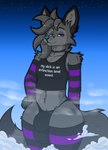 5_fingers above_clouds aircraft airplane ambient_aircraft anthro arm_tuft arm_warmers armwear atmosphere balls_outline bedroom_eyes belly_tuft big_bulge big_tail biped black_clothing black_collar black_ears black_eyebrows black_panties black_shirt black_spots black_stripes black_tank_top black_topwear black_underwear blue_nose blue_sclera bulge cheek_tuft clothed clothing cloud collar countershade_face countershade_torso countershading day description detailed_background detailed_bulge dipstick_tail ear_tuft extreme_size_difference eyebrows facial_markings facial_tuft femboy feminine fingers flaccid fluffy fluffy_tail flying fog foggy_background front_view fur fur_markings fur_tuft genital_outline genitals giga grey_body grey_countershading grey_fur grey_hair grey_inner_ear grey_inner_ear_fluff grey_text grey_tuft hair half-closed_eyes hand_behind_back hand_on_hip head_markings head_tuft huge_bulge humanoid_hands hyper hyper_bulge inner_ear_fluff jet leg_tuft legwear long_hair looking_at_viewer macro macro_focus male markings midriff midriff_top midriff_tuft mottled mottled_nose multicolored_body multicolored_fur narrowed_eyes navel neck_tuft offscreen_character outside panties pattern_arm_warmers pattern_armwear pattern_clothing pattern_legwear pattern_stockings pecs penis pink_eyes pose purple_eyes purple_stripes raised_eyebrows seductive sensual sheath_outline shirt shoulder_tuft size_difference skinny sky smile smiling_at_viewer smirk smirking_at_viewer smoke_trail smug solo space spots spotted_nose standing star starry_sky stockings stratosphere striped_arm_warmers striped_armwear striped_clothing striped_legwear striped_stockings stripes tail tail_markings tank_top text text_on_clothing text_on_shirt text_on_tank_top text_on_topwear thick_thighs thigh_tuft three-quarter_view tight_clothing tight_panties topwear tuft two_tone_body two_tone_fur underwear vehicle lennox lennox_(lennox) canid canine fox mammal red_fox silver_fox true_fox 2025 colored digital_drawing_(artwork) digital_media_(artwork) english_text hi_res line_art portrait shaded three-quarter_portrait url watermark