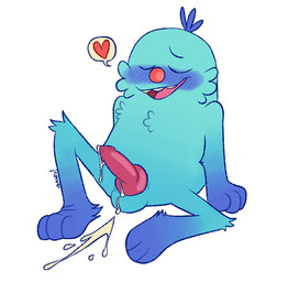 animal_genitalia animal_penis anthro balls blue_body blue_fur blush blush_lines blushing_profusely bodily_fluids canine_genitalia canine_penis cum erection eyes_closed fur genital_fluids genitals knot looking_pleasured male open_mouth paws penis red_nose simple_background smile solo conditional_dnp sleepweed bugsnax young_horses filbo_fiddlepie grumpus hi_res