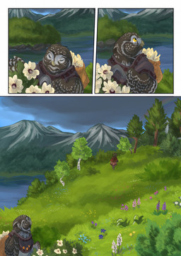 ambiguous_gender anthro beak biped clothed clothed_feral clothing cloud cloudy_sky day duo eyes_closed feathered_arms feral flower grass holding_object male mountain outside plant rainbow sky tree water yellow_eyes bjekkergauken herja_(bjekkergauken) avian bird mammal owl suid suine sus_(pig) wild_boar 2026 colored comic hi_res