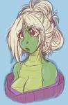 big_breasts blonde_hair blue_background breasts cleavage clothed clothing eyelashes female hair lips red_eyes simple_background solo yellow_sclera avencri cela animal_humanoid crocodile crocodilian humanoid reptile scalie bust_portrait portrait