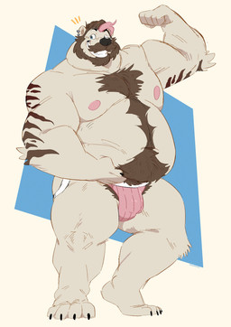 anthro arm_markings beard belly belly_hair biceps blue_eyes body_hair brown_hair bulge chest_hair clothed clothing ear_piercing ear_ring facial_hair flexing flexing_bicep hair hand_on_belly happy_trail holding_belly jockstrap jockstrap_only male markings moobs multicolored_hair muscular muscular_anthro muscular_male mustache navel neck_rolls nipples overweight overweight_anthro overweight_male piercing ring_piercing simple_background smile solo topless underwear underwear_only white_body bennycartoonist barley_(barleytheburr) bear mammal hi_res