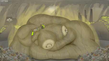anthro areola barbell_piercing belly big_belly big_breasts big_butt blobby bodily_fluids breasts butt female huge_belly huge_butt immobile industrial machine musk navel nipple_dip nipple_piercing nipples obese overweight piercing smelly solo sweat trash otex_(artist) protogen hi_res