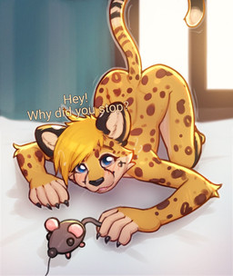 anthro bed blush claws dialogue furniture inside male nude raised_tail solo tail toy_mouse window saneaz cheetah felid feline mammal 2024 hi_res