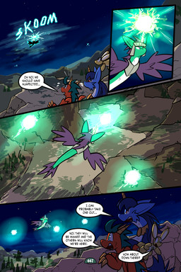 2_horns 4_panel_comic ambiguous_gender armor balloon balloon_with_face black_text blue_body blue_fur blue_hair blue_wings brown_body cheek_tuft claws dialogue ellipsis exclamation_point eyebrows eyelashes facial_tuft feathered_wings feathers feral finger_claws floating flying fur gesture glowing green_body green_eyes group hair hand_gesture headgear helmet horn inflatable jewelry looking_at_another looking_up night open_mouth orange_body page_number pendant plant pointing red_eyes rock scales sharp_teeth sky sound_effects speech_bubble star talking_to_another teeth text tongue toony tree tuft white_sclera wings virmir mythology renbrand roko_kirihoko saida canid canine couatl dragon feathered_scalie feathered_snake fox mammal mythological_creature mythological_scalie reptile scalie snake 2025 2:3 absurd_res comic english_text hi_res signature female_(lore) male_(lore)