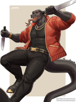 anthro belt black_body black_scales clothed clothed_anthro clothed_male clothing forked_tongue holding_knife holding_object jacket knife male muscular muscular_anthro muscular_male red_clothing red_eyes red_jacket red_topwear scales solo tongue topwear amon-sydonai epic_games fortnite thunder_(fortnite) komodo_dragon lizard monitor_lizard reptile scalie hi_res