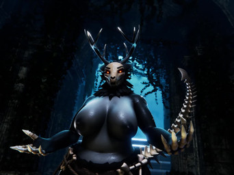 anthro big_breasts black_body black_fur black_nipples bone breasts female fur glowing glowing_eyes horn huge_breasts looking_at_viewer neck_tuft nipples overweight overweight_anthro overweight_female skull skull_head solo tail tuft nargaflex 3d_(artwork) 3d_animation animated digital_media_(artwork) no_sound short_playtime video