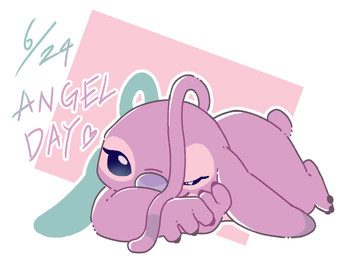 ambiguous_gender antennae_(anatomy) antennae_markings antennae_over_eye blue_eyes claws ears_down eyelashes finger_claws fur long_antennae looking_at_viewer lying markings on_front one_eye_closed pink_body pink_fur pivoted_ears purple_markings purple_nose simple_background small_tail solo tail text joltik_0425 disney lilo_and_stitch angel_(lilo_and_stitch) alien experiment_(lilo_and_stitch) 2025 4:3 dated english_text unavailable_at_source female_(lore)
