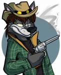 anthro black_nose clothed clothing cowboy_hat gun hair half-closed_eyes handgun hat headgear headwear mullet narrowed_eyes ranged_weapon revolver smug southern weapon fatalsyndrome stuart_k_reilly_(character) canid canine canis coyote mammal 2015 digital_media_(artwork) hi_res