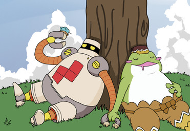 4_fingers anthro biped clothing cloud detailed_background duo fingers green_body grey_body hand_holding hat headgear headwear machine male outside overweight overweight_male plant sitting sleeping tree taxonite puyo_puyo puyo_puyo_tetris sega nohoho zed_(puyo_puyo) amphibian frog robot 2026 hi_res