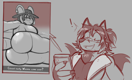anthro anthro_on_anthro big_breasts big_butt breasts buckteeth butt clothed clothing cute_fangs duo exclamation_point fangs female fluffy fluffy_chest hair half-closed_eyes jacket looking_at_viewer looking_down lying male male/female narrowed_eyes on_side open_clothing open_jacket open_mouth open_topwear presenting presenting_hindquarters selfie shirt smile smirk surprised teeth text thick_thighs topwear felino snapchat joe_(joethefox) wicked_(tricktrashing) canid canine fox mammal murid murine rat rodent 2026 english_text hi_res sketch