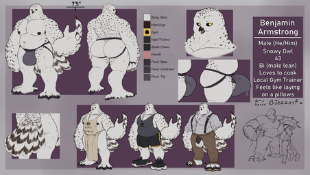 anthro apron balls beak black_bottomwear black_clothing black_nipples black_penis black_shorts bottomwear brown_bottomwear brown_clothing brown_pants bulge clothed clothing feathers flaccid front_view genitals grey_clothing grey_topwear male muscular muscular_anthro muscular_male nipples nude open_mouth overweight overweight_anthro overweight_male pants penis penis_base rear_view shorts side_view simple_background solo standing text topwear white_body white_feathers yellow_eyes jezzlen benjamin_(jezzlen) avian bird owl english_text hi_res model_sheet signature