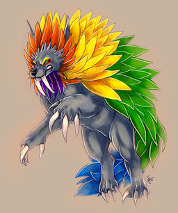 3_toes 4_fingers ambiguous_gender black_body claws fangs feet feral fingers fur green_eyes multicolored_body multicolored_fur solo teeth toes spacesmilodon legend_of_mana mana_(series) square_enix canid canine canis mammal wolf 2015 absurd_res hi_res