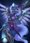 2019 5_fingers anthro blizzard_entertainment blue_eyes blue_hair breasts clothed clothing cutie_mark digital_media_(artwork) dvixie equid equine female fingers friendship_is_magic hair hasbro hi_res horn mammal my_little_pony mythological_creature mythological_equine mythology overwatch princess_luna_(mlp) solo winged_unicorn wings