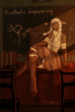 anthro apple book bottomwear braided_pigtails chair chalkboard classroom classroom_desk clothed clothed_female clothing female floppy_ears food fruit fur furniture hair horn multicolored_body multicolored_fur plant prosthetic prosthetic_limb school shirt sitting_on_desk skirt smile smiling_at_viewer solo tank_top teacher topwear white_hair wooden_legs tsunekitsune nintendo pokemon generation_8_pokemon pokemon_(species) wooloo 2:3